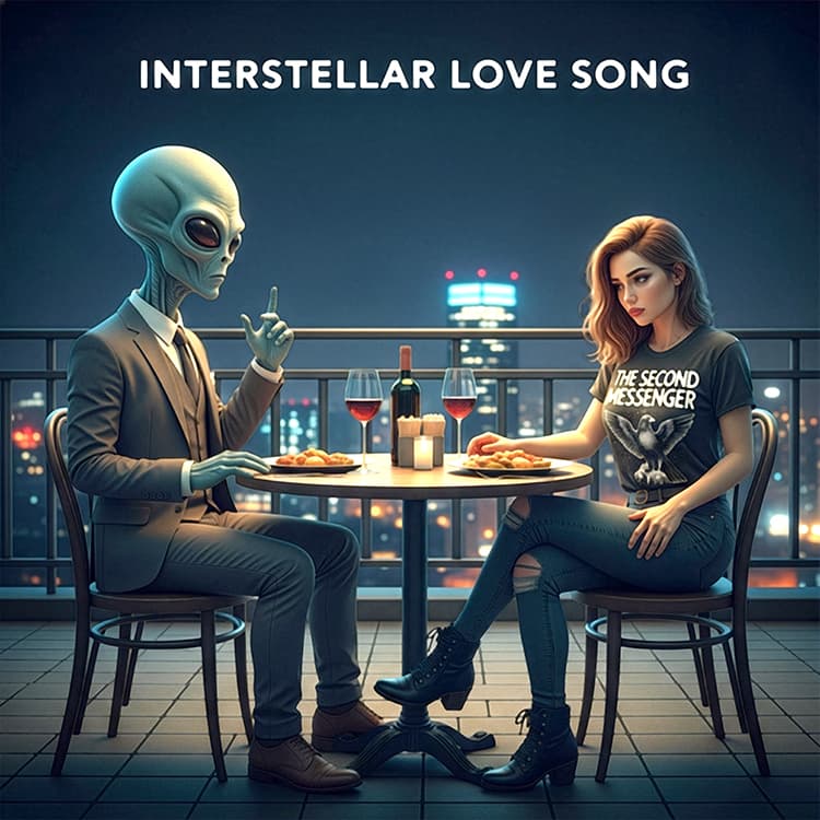 Cover art for "Interstellar Love Song" by The Second Messenger. A classic grey alien in a sharp business suit and a young woman in a Second Messenger branded band t-shirt sit at a small table on a balcony at night, sharing a candlelit dinner with wine overlooking a glowing city skyline.